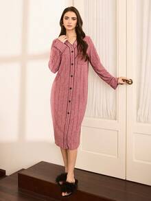 Moireta Women's Contrast Color Long Sleeve Nightgown, Winter - Redwood - View 3