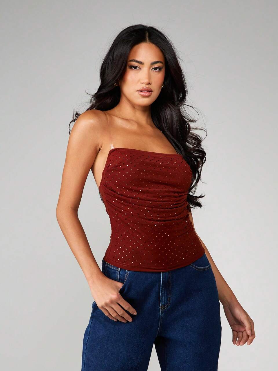 MISSGUIDED Top bandeau senza spalline con borchie, scollo a cappuccio e dettagli arricciati, adatto per occasioni serali e feste