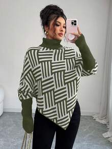 Selianne Women's Elegant High Neck Geometric Textured Poncho Sweater, Colorblock, Suitable For Home & Travel, Spring/Autumn - Army Green - View 6