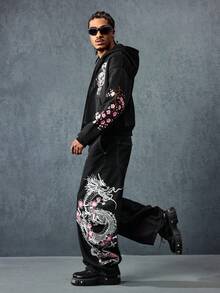 ROMWE MEN Anime Men's Fashion Street Dragon & Sakura Print Loose Wide Leg Flared Jeans, Belt Not Included - Black - View 7