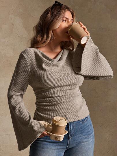 Elegantrix Plus Size Women Loose Collar Flare Sleeve Gathered Waist Ruched Chiffon Knit Casual Top, Autumn/Winter