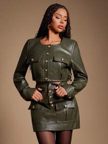 Radiana Women's PU Leather Short Jacket, Vintage Motorcycle Style, Long Sleeve, Cropped, High-Quality, Autumn/Winter Olive Green,جاكيتات شتويه نسائي - Army Green - View 8