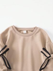 Sparklyn "Tween Girls Beige 2 Pieces Outfit - Oversized Sweatshirt With Bow Detail & Wide-Leg Pants Co-Ord Set For Casual Daily Wear" - Khaki - View 6