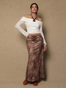 Freevana 大码女式休闲度假风佩斯利印花低腰鱼尾裙 - 卡其色 - 查看 5