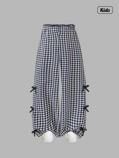 Sweetra 女童青少年休闲时尚松紧腰宽松格子棉质蝴蝶结装饰阔腿裤，百搭夏季居家户外穿着