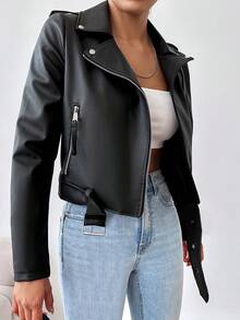 SHEIN Cottnline Women's Fashionable Belted Cropped Jacket, Autumn - Black - View 3