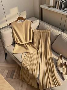 Franclia 女式休闲腰带无袖 V 领上衣和松紧腰直筒裤套装 - 卡其色 - 查看 2