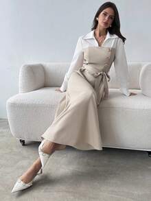 Firerie Women's Casual Elegant Metallic Embellished Tie-Waist Linen Dress / Business Women's Wear / Teacher's Attire / Office Commuting / Suitable For Women / Autumn/Winter Women's Wear / Back To School Season / Retro Women's Wear / Business Casual Women's Wear / Old Money Style Dress - Multicolor - View 8