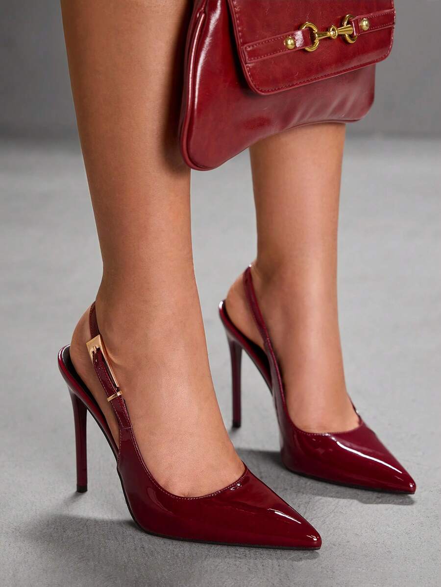 CUCCOO SZL Pointed Toe Stiletto High Heel Wine Red Fashionable Sexy Evening Party Women's Pumps With Ankle Strap For Christmas - Burgundy - View 1