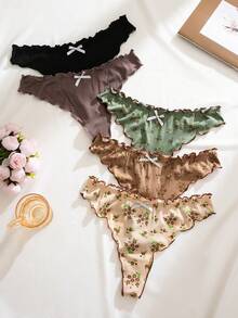 PetitDoll 5 st/set sexiga, ribbade trosor med volangkant och blommigt tryck - Multifärgad - Visa 4