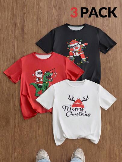 Manfinity VCAY 男士图案T恤，冬季圣诞元素印花3件装，圆领短袖T恤