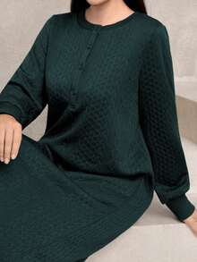女士休闲纹理面料圆领宽松长款卫衣，绿色，秋冬 - 墨綠色 - 查看 7