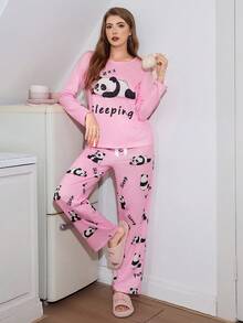 SweetSlumber Cute Panda Print Women's Pajama Set,Pink Comfortable Loungewear Sleeping Set For Fall & Winter Clothes - Multicolor - View 4