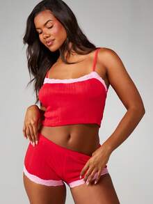 MISSGUIDED Ribbed Pajama Set With Lace Trim Camisole And Shorts Loungewear Sleepwear - Red - View 1