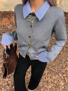 DAZY 女士休闲撞色翻领开衫，秋季款 - 灰色 - 查看 1