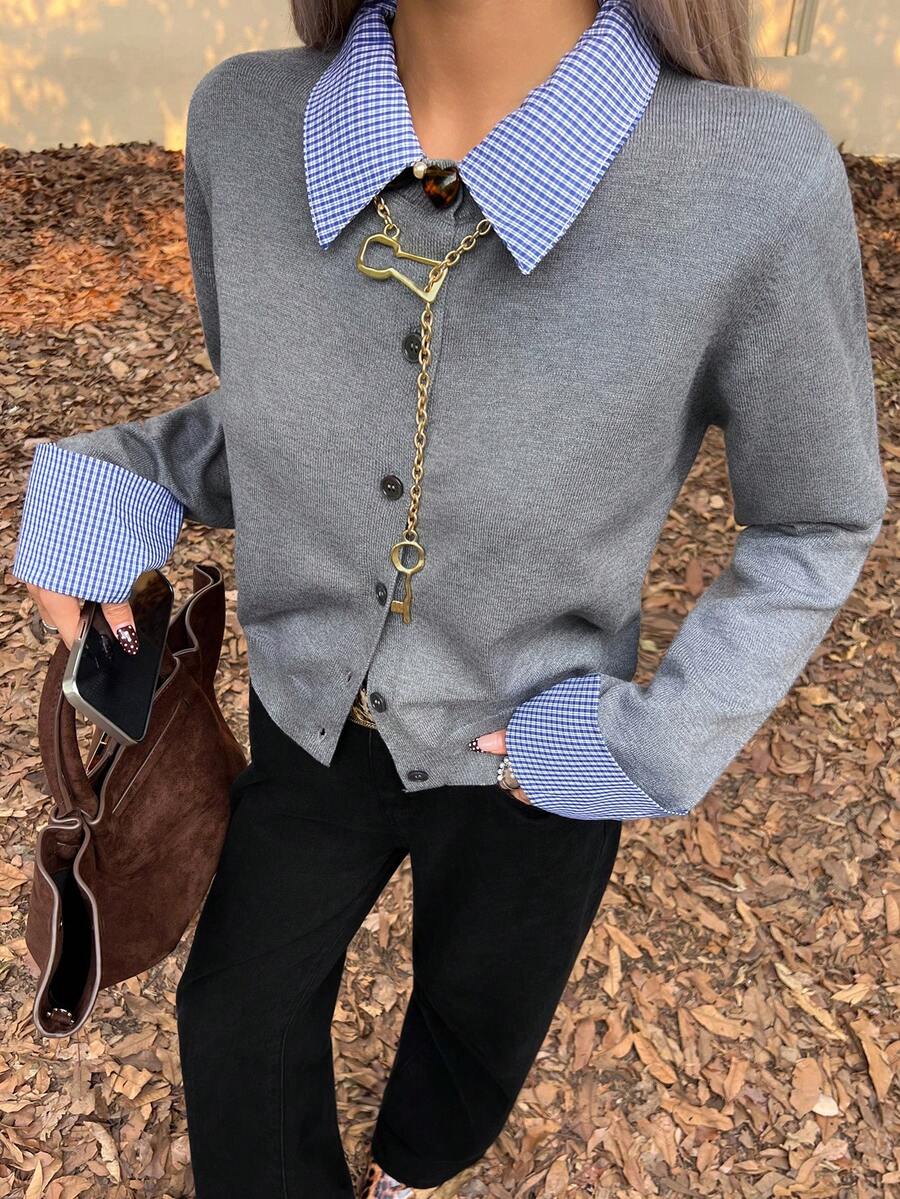 DAZY 女士休闲撞色翻领开衫，秋季款 - 灰色 - 查看 1