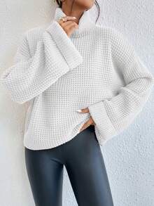 SHEIN 女士休闲纯色高领华夫格针织宽松毛衣，秋冬季 - 白色 - 查看 6