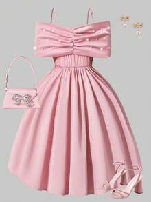 Sparklyn 女童优雅缎面超大蝴蝶结袖连衣裙，饰以仿珍珠蝴蝶结和围兜，A字裙摆，适合派对、庆典、圣诞舞会、婚礼宾客礼服、正式场合穿着。 - 粉色 - 查看 2