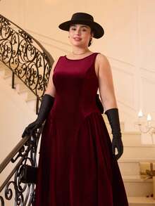 Plus Size Vintage Red Open Back Bow Tie A-Line Midi Dress, Wedding Dress, Date Dress, Valentine's Day Dress - Red - View 10