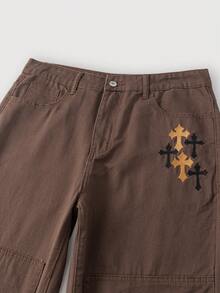 Manfinity Homme Quần Jeans Nam Ống Thẳng Thêu Chữ Thập Màu Cam Phong Cách Mỹ - Cà phê nâu - Xem 4