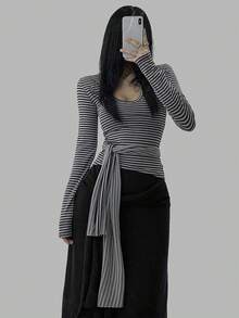 DAZY 女士休闲撞色条纹圆领抽绳长袖T恤，秋冬季百搭修身款上衣 - 黑色 - 查看 2