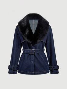 Selenza Women's Fur Collar Long Sleeve Waist Buckle Design Fashion Denim Jacket - Blue - View 1