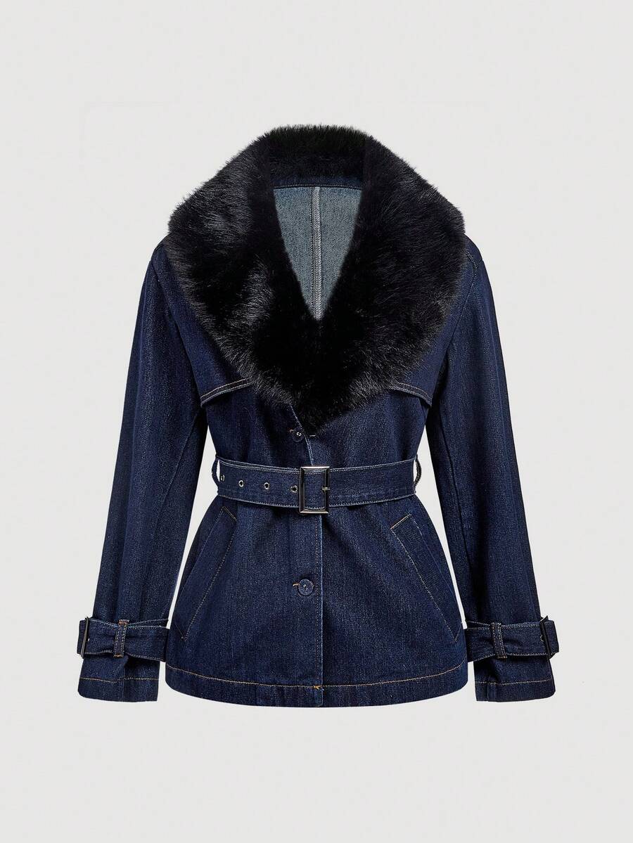 Selenza Women's Fur Collar Long Sleeve Waist Buckle Design Fashion Denim Jacket - Blue - View 1