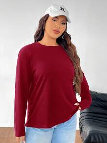 SHEIN EZwear 秋季大码纯色休闲长袖T恤 - 紅色 - 查看 6