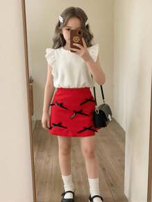 SHEIN Young Girls' Valentine's Day Party Elegant Office Lady Layered Bowknot Red Skirt,Holiday,Summer,Travel - Red - View 4
