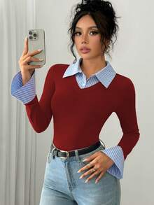 SHEIN PETITE Elegant Commuter Bodysuit, AB Splice Collar, Flared Cuffs, Long Sleeve, Half-Placket, Striped, Multi-Color, Women, Autumn/Winter - Burgundy - View 5