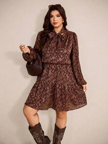 Elaquor Plus Size Elegant Romantic Urban Chic Bowknot Wrap Fitted Short Women Solid Color Dress/Valentine's Day Spring - Brown - View 6