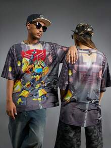 Transformers X SHEIN قميص تي شيرت رجالي كاجوال بطبعة روبوت بياقة مستديرة وأكمام قصيرة، صيفي - رمادي - مشاهدة 2