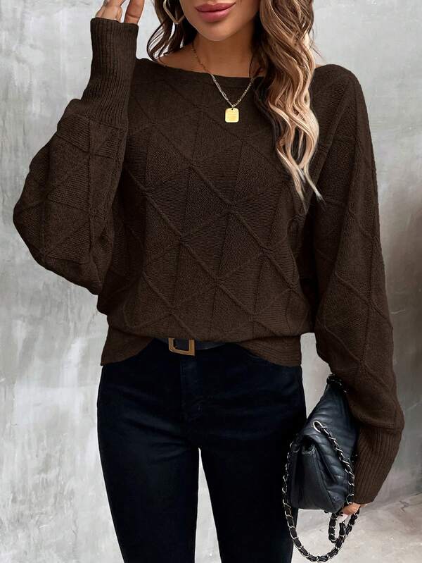 LanaWest Women's Casual Everyday Commute Simple Versatile Solid Color Textured Knit Loose Sweater, Autumn/Winter