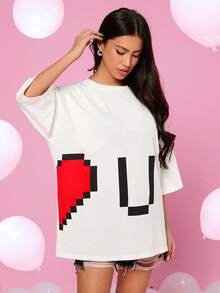 Manfinity VCAY 2pcs/Set Couple Matching Loose Fit Round Neck Short Sleeve T-Shirts, Heart & "I Love You" Print, Casual Everyday Wear - White - View 3