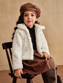 SHEIN Young Girls Beige Faux Fur Long Sleeve Stand Collar Jacket, Fashionable, Warm, Versatile, Comfortable Winter Children Short Coat Fall - White - View 4