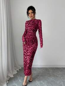 Elenzga Váy ôm body lưới co giãn họa tiết da báo thanh lịch dành cho nữ - Màu đỏ tím - Xem 6