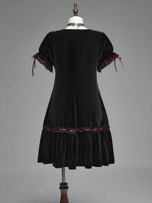 ROMWE Goth Spring/Summer PPlus Size Vintage Romantic Dark Sweet Flare Sleeve Velvet Waist Dress, Birthday Dress - Black - View 2