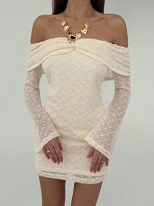 Aloruh Vestido mini ajustado con hombros descubiertos, textura y drapeado elegante para mujer - Albaricoque - Ver 1