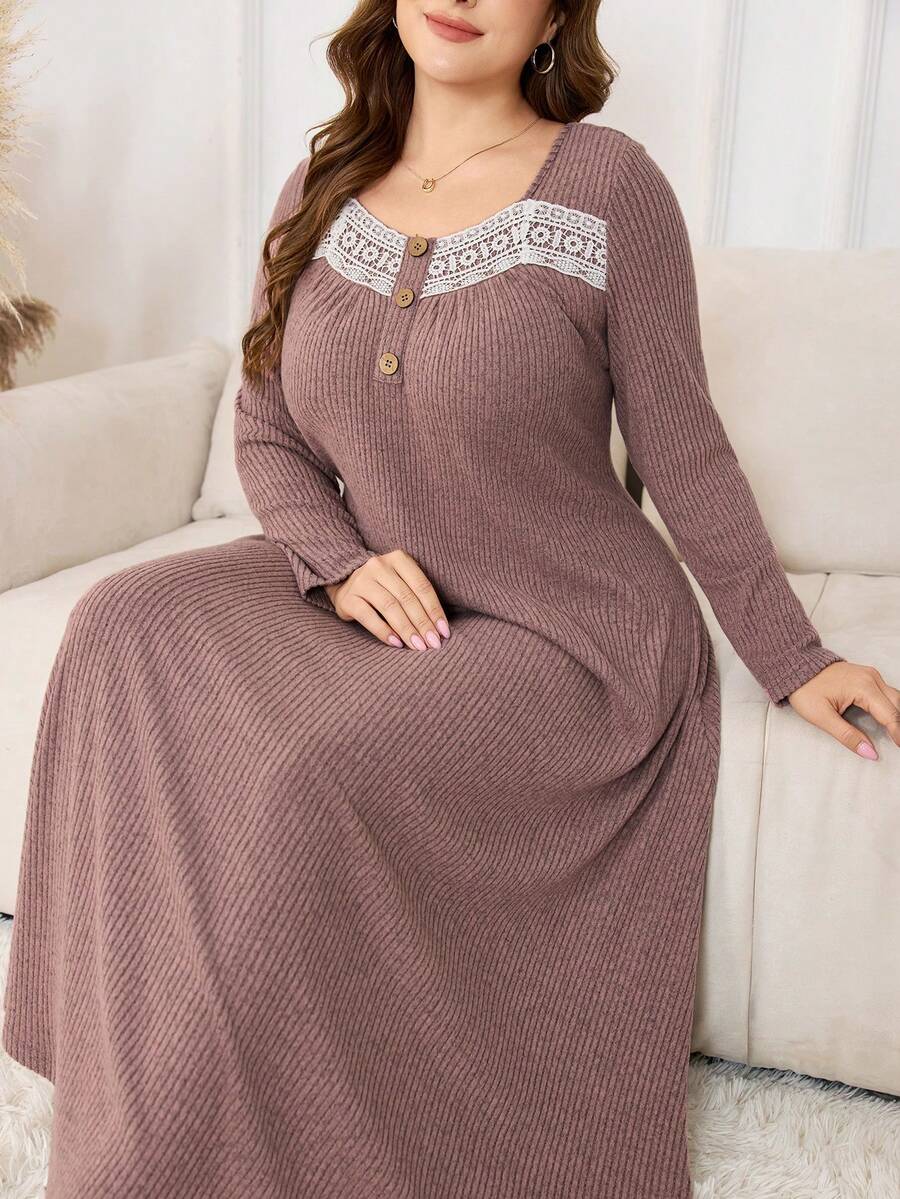 Lacomfia 大码纯色长袖针织秋冬罗纹长款休闲蕾丝边连衣裙 - 藕粉色 - 查看 1