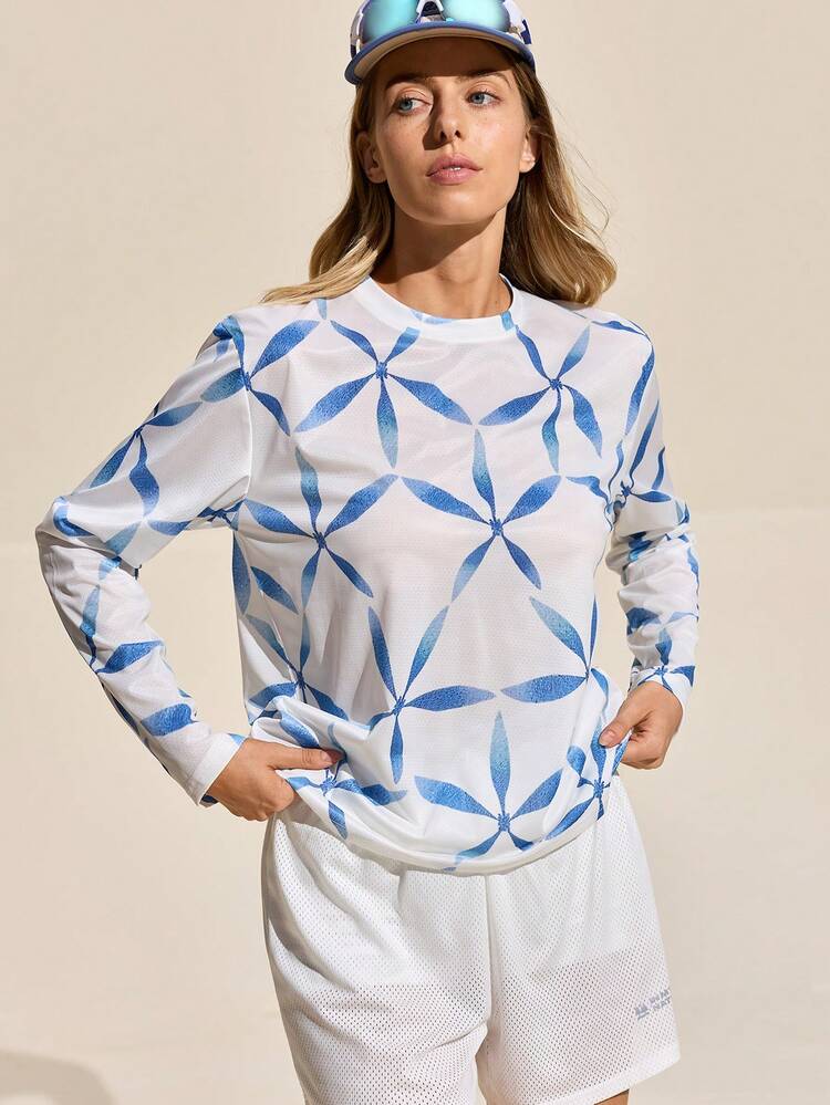 Exploreva 女士休闲透气印花圆领长袖户外T恤，秋季款 - 藍白色 - 查看 2