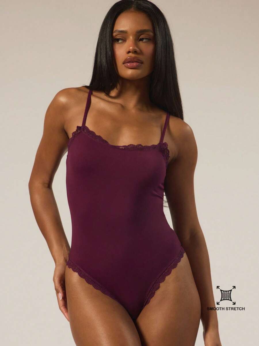 MUSERA ESSENTIALS Spaghetti Strap Contrast Lace Trim Adjustable Strap Thong Bodysuit Autumn Winter  Holidays Fall Underwear Everyday Cosy Lounge Essential - Purple - View 1