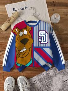 SCOOBY-DOO X SHEIN 青少年男孩条纹卡通图案圆领长袖套头衫 - 白色 - 查看 5