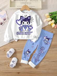 两件套女童休闲可爱经典兔子、爱心图案、娃娃印花圆领长袖卫衣和打底裤，适合秋冬季穿着 - 彩色 - 查看 2