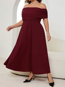 SHEIN CURVE+ 大码女士优雅简约时尚浪漫性感连衣裙，露肩高腰A字伞裙，适合度假、通勤、约会，灰色长款连衣裙 - 紅色 - 查看 3