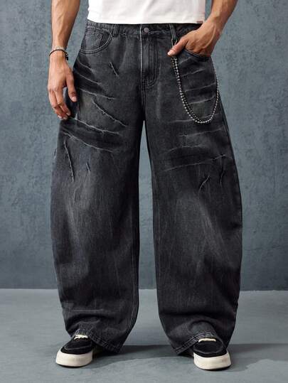 Street Life Jeans évasés à larges jambes avec poches lavés noirs pour hommes