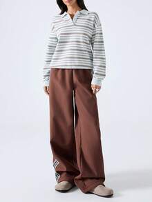 LYSMO 2025 Nouveaux arrivages Pantalon de sport décontracté femme minimaliste marron à rayures colorées larges avec doublure thermique pour sortir, streetwear et collection de style Stockholm élégante pour le Nouvel An et Noël - Marron fonçé - Voir 1