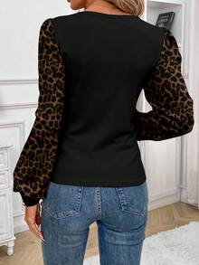 SHEIN Frenchy 女士休闲修身泡泡袖高领T恤，豹纹印花，适合秋冬季穿着 - 彩色 - 查看 2
