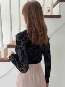 FRIFUL 女士时尚性感透视修身高领长袖上衣 - 黑色 - 查看 4