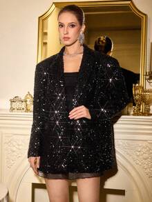 Zanirela Elegant Sequin Embellished Wide Blazer Jacket With A-Line Mesh Hem Skirt, Sophisticated Black 70's Summer Night Out Party Dress Suit - Black - View 7