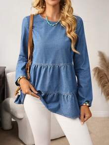EMERY ROSE 女士休闲牛仔上衣，后背纽扣设计，圆领，长袖，荷叶边下摆 - 藍色 - 查看 2